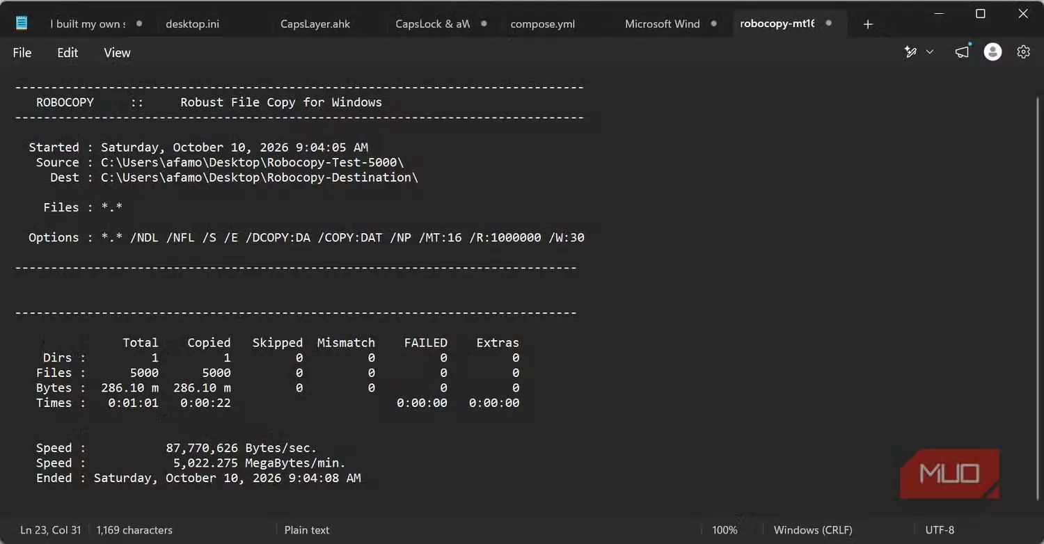آزمایش Robocopy با شانزده رشتهٔ همزمان