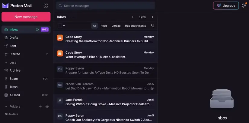 نمای صندوق ورودی Proton Mail در وب