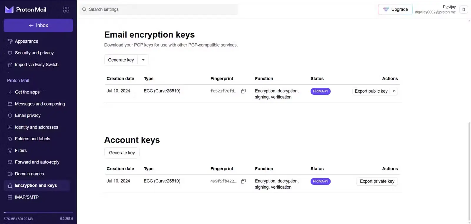 کلیدهای رمزگذاری ایمیل در Proton Mail