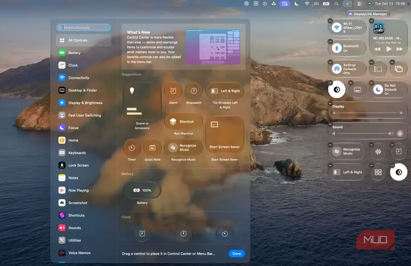 تنظیمات مرکز کنترل در macOC 27 Golden Gate