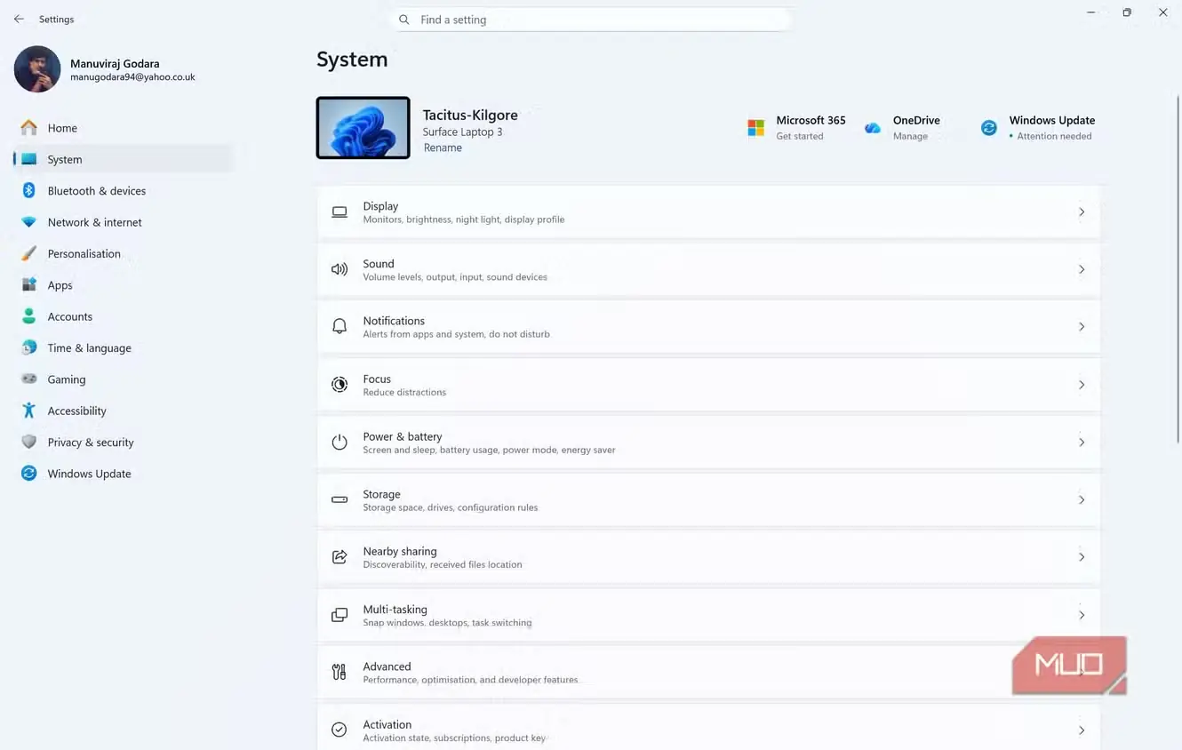 صفحه تنظیمات Windows