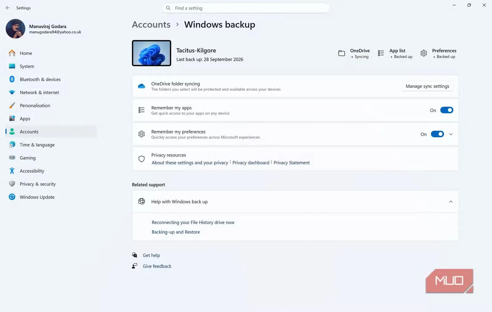 صفحه پشتیبانگیری Windows در تنظیمات