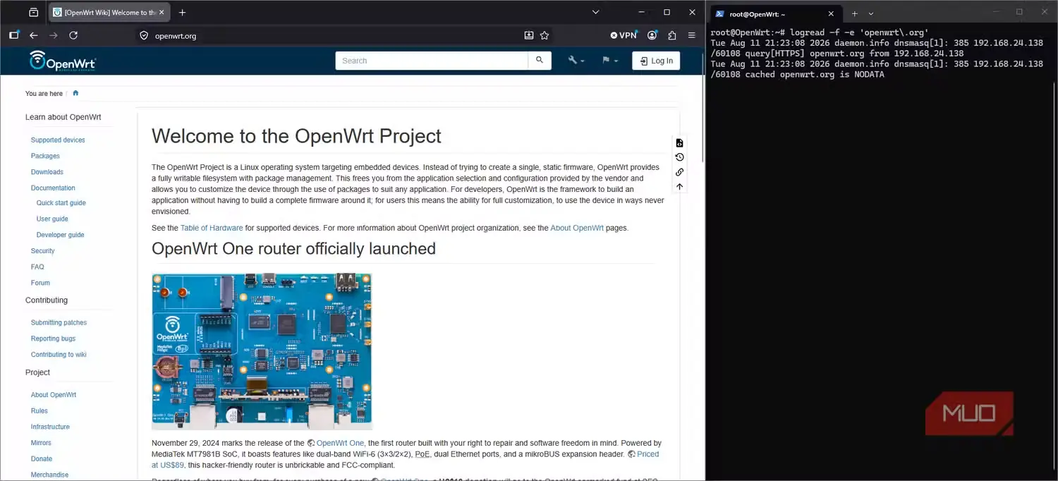 نمایش وبسایت OpenWRT در Firefox، همزمان با ارائه رکوردهای A و HTTPS از حافظه نهان روتر بهوسیله dnsmasq