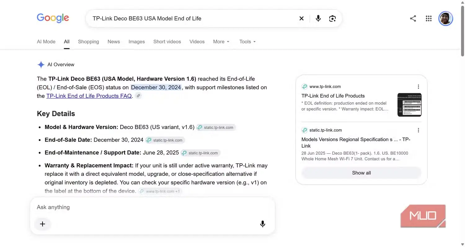 نتایج جستوجوی Google درباره پایان عمر مدل آمریکایی TP-Link Deco BE63