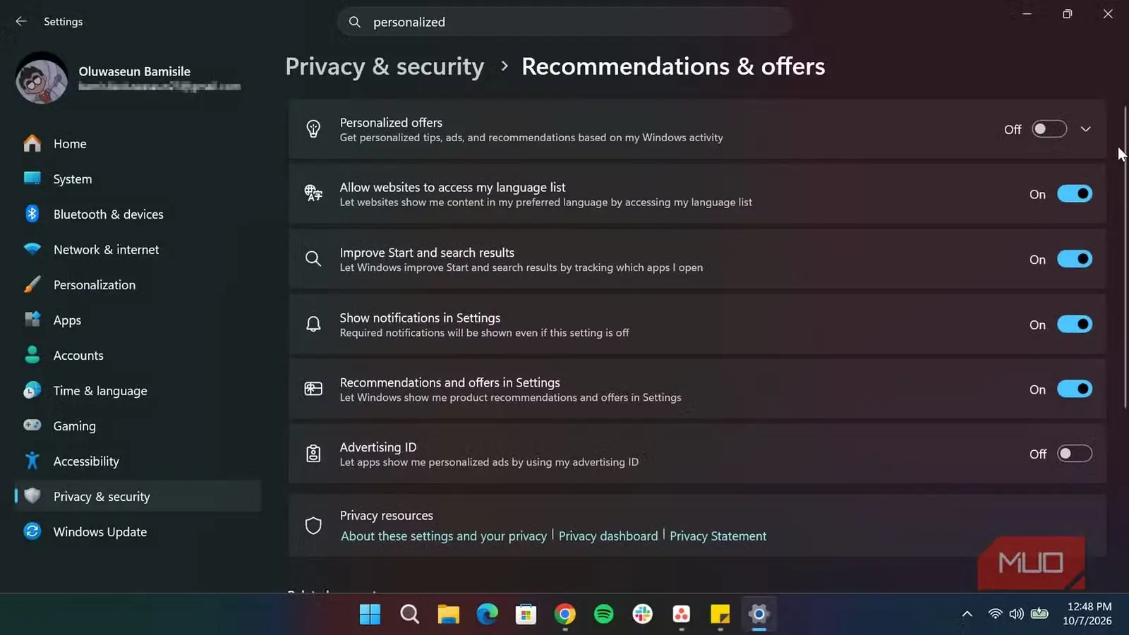 صفحه تنظیمات پیشنهادها در ویندوز