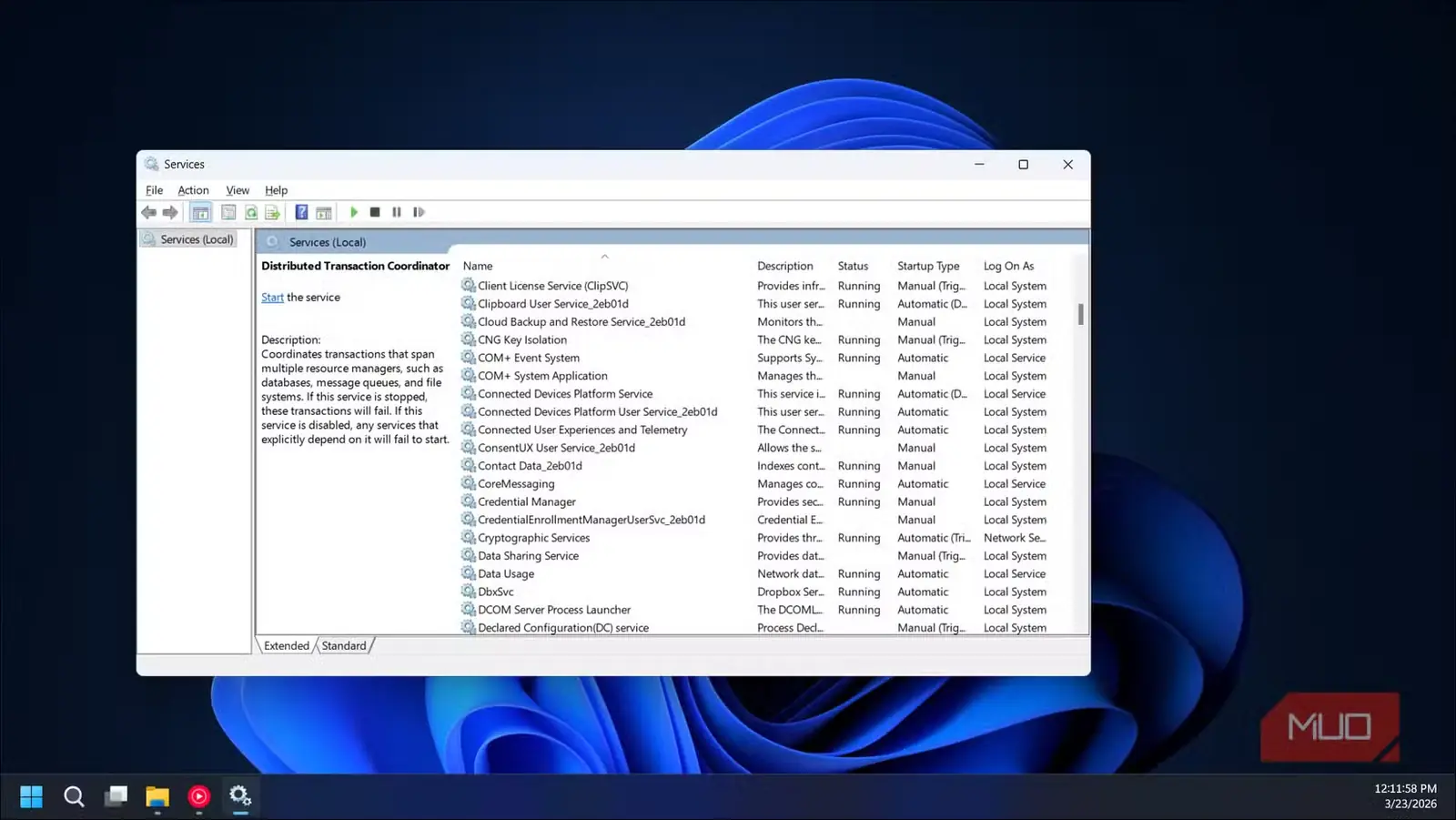 پنجرهٔ سرویسها در Windows 11