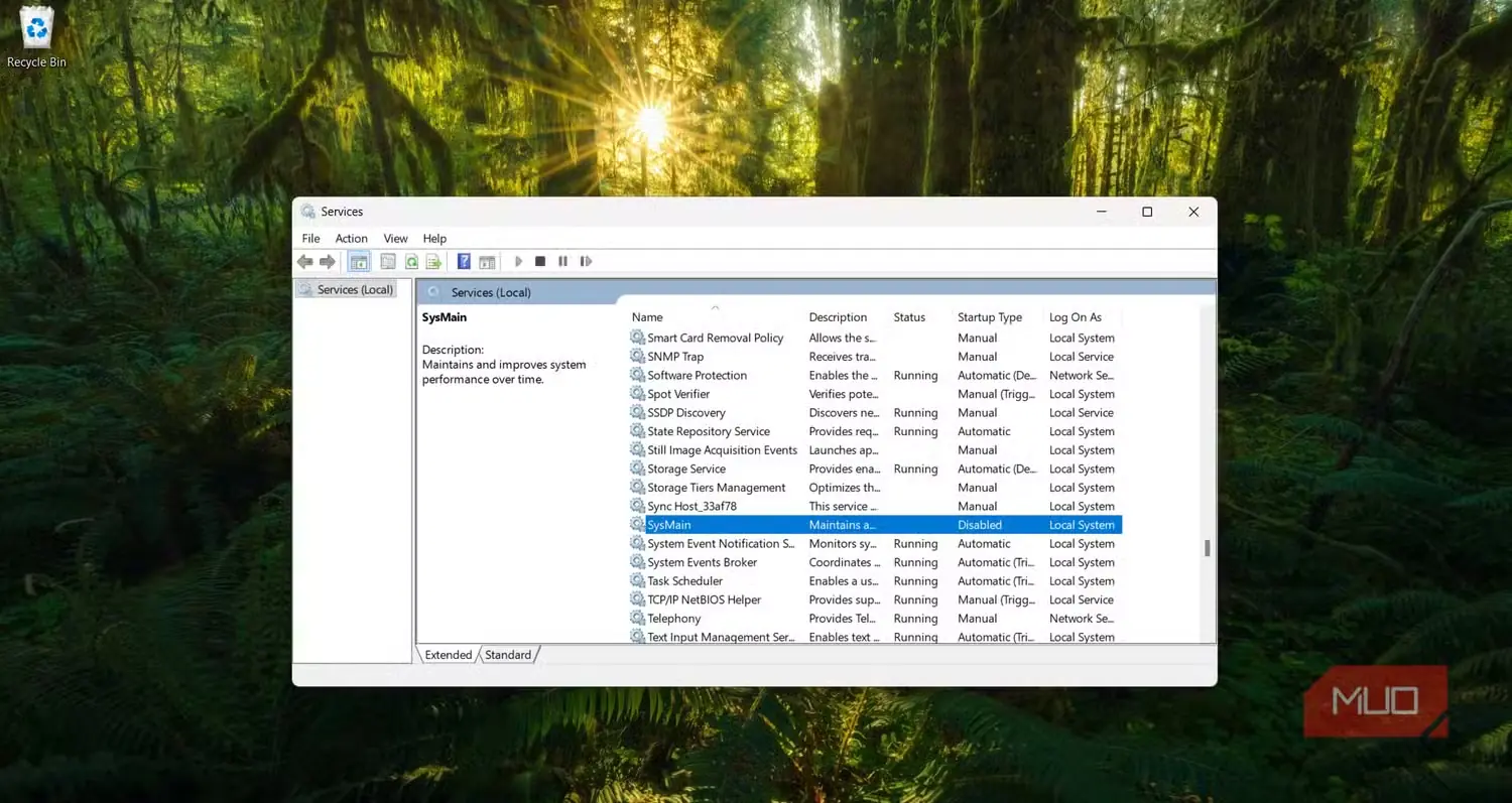 سرویس غیرفعالشدهٔ SysMain در میز فرمان مدیریت سرویسهای Windows