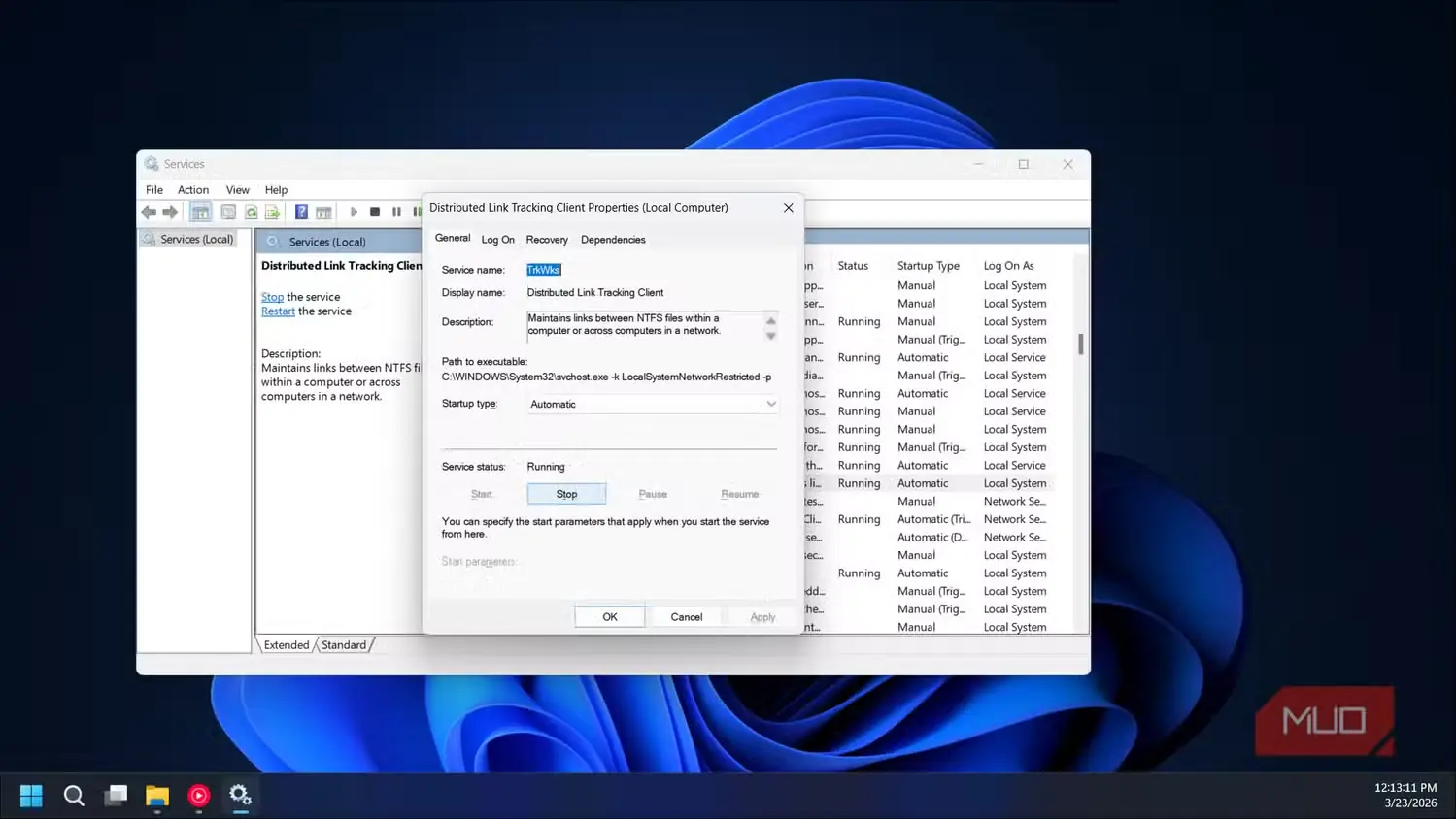 ویژگیهای انتخابشدهٔ سرویس Distributed Link Tracking Client در پنجرهٔ سرویسهای Windows 11